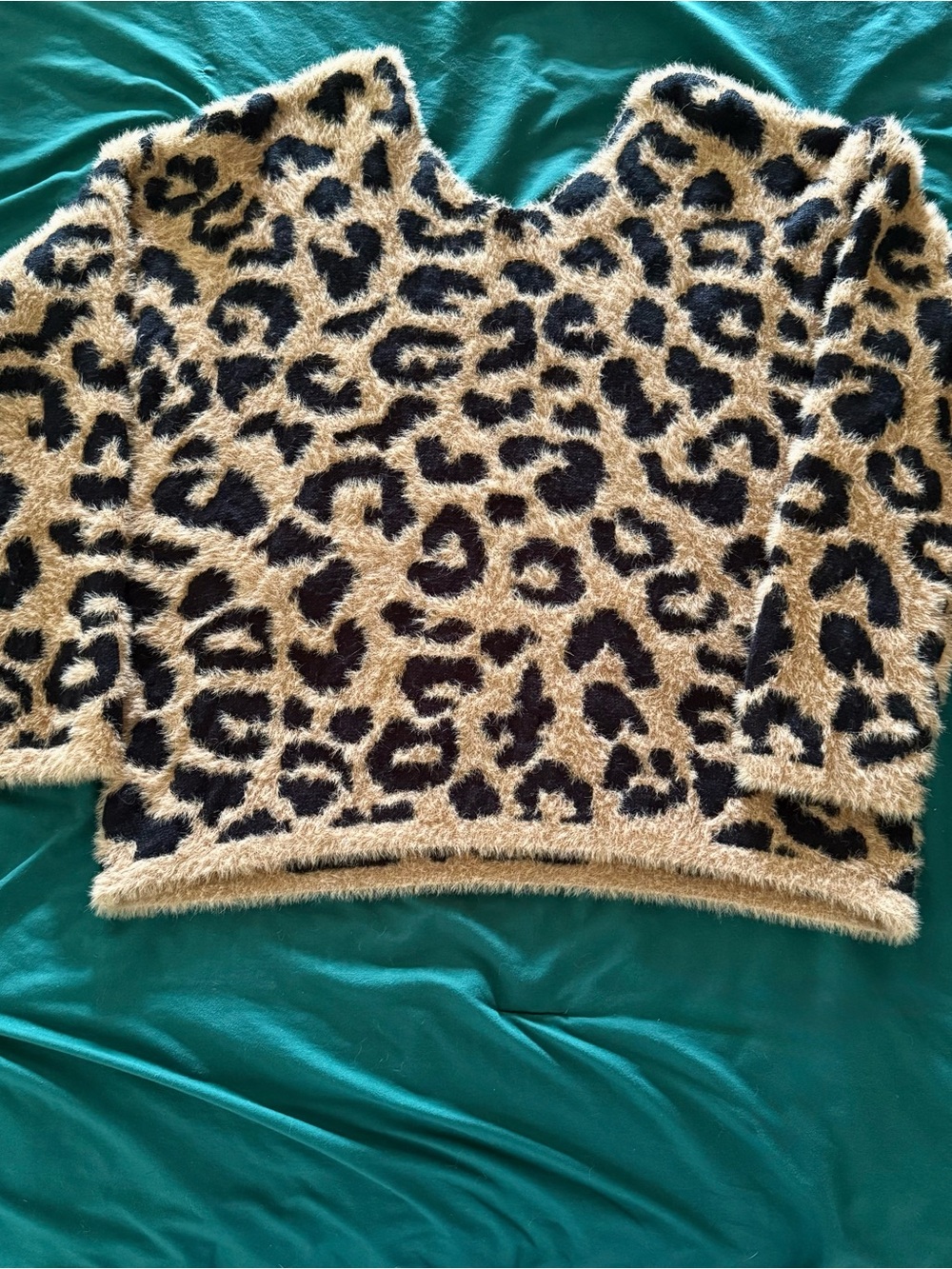 Blu Pepper Leopard Fuzzy Crew Neck Sweater - Beige & Black